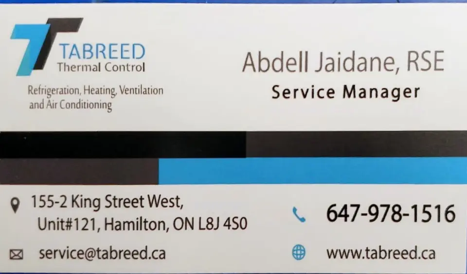 Tabreed Thermal Control business card: Service Manager TABREED Thermal Control Refrigeration, Heating, Ventilation and Air Conditioning