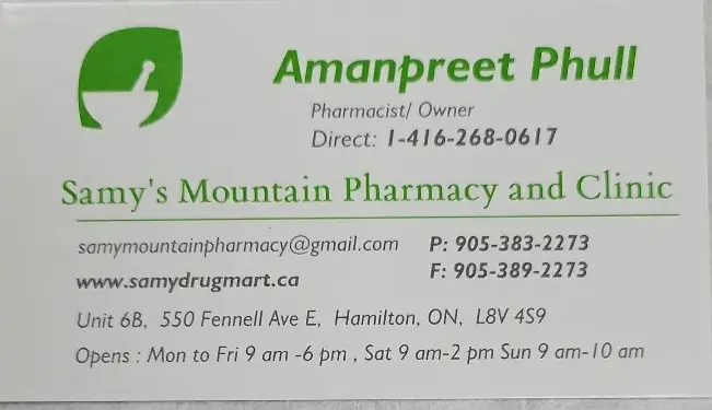 Samy Mountain Pharmacy business card: Pharmacist/Owner