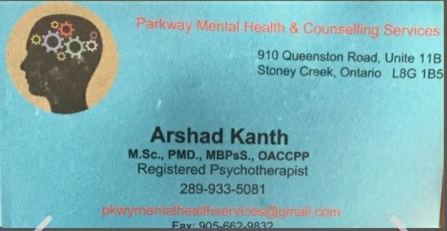 Parkway Mental Health Services business card: M.Sc,. PMDip,.MBPsS,.OAMHP Mental Health Counselor Registered Pscycothrapist, Practice in Mental Health & Scycotherapy/ Counsling services