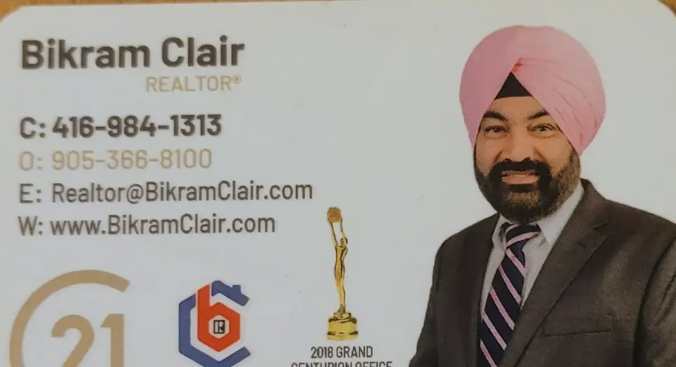 Bikram Clair REALTOR business card: CENTURY 21 People’s Choice Realty 2018 GRAND CENTURION OFFICE