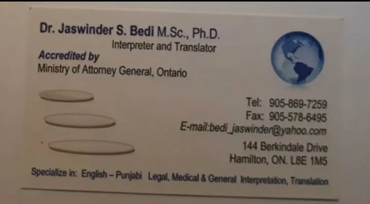Dr Jaswindar Singh Bedi business card: Aproved by Minister of Atorney General O