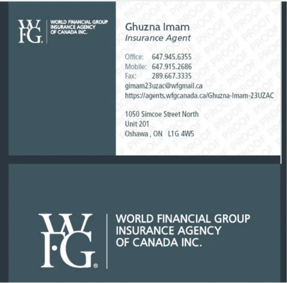 Guzna Imam business card: WFGWORLD FINANCIAL GROUP INSURANCE AGENCY OF CANADA INC.