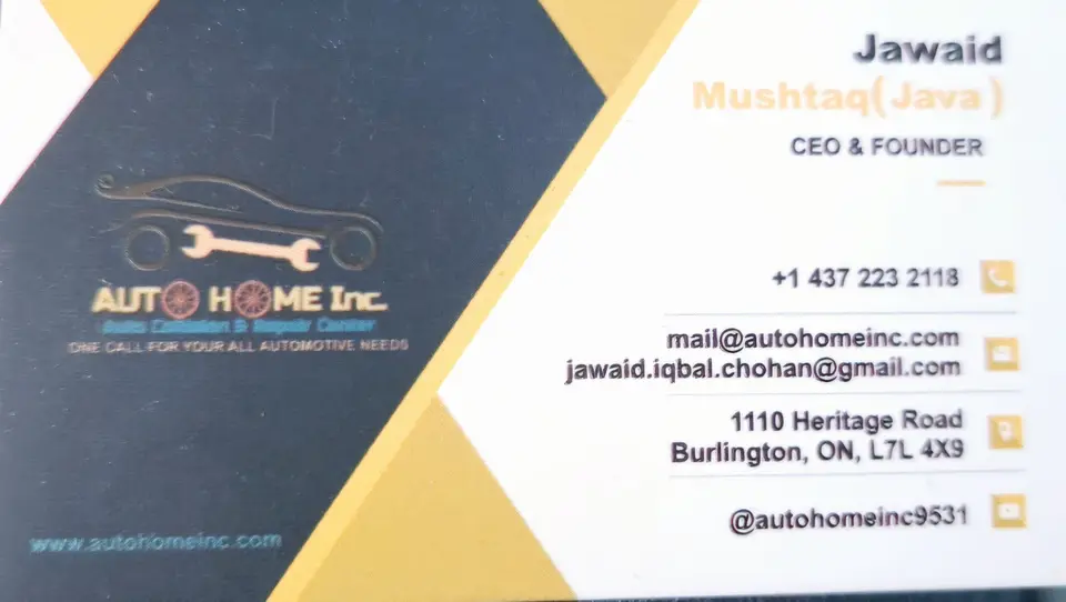 Auto Home Inc. business card: ONE CALL FOR YOUR ALL AUTOMOTIVE NEEDS