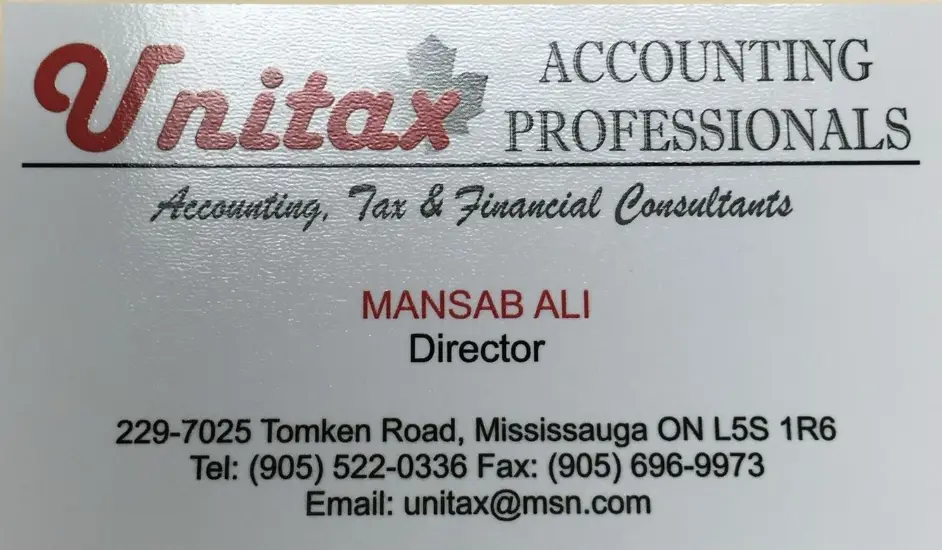 Mansab Ali business card: Director Accounting Professionals Accounting,Tax and Financial Consultants
