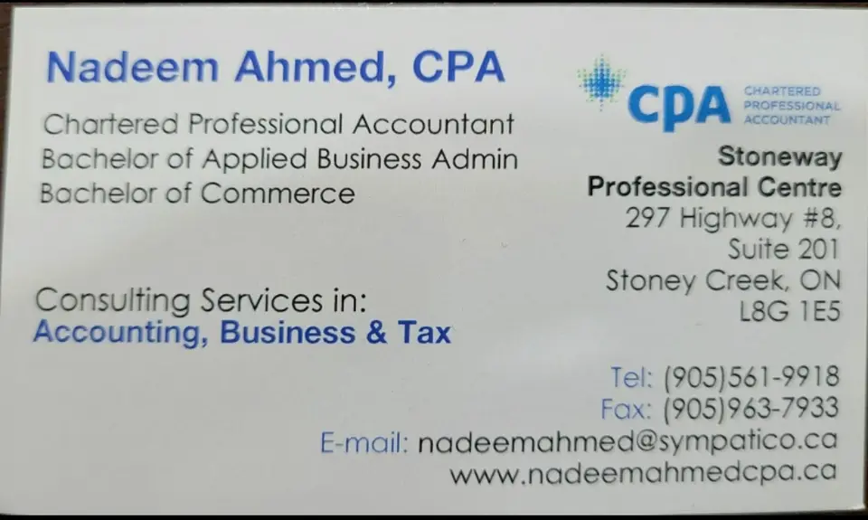 Nadeem Ahmed, CPA business card: Chartered Professional Accountant Bachelor of Applied Business Admin Bachelor of Commerce Consulting services in Accounting, Business & Tax