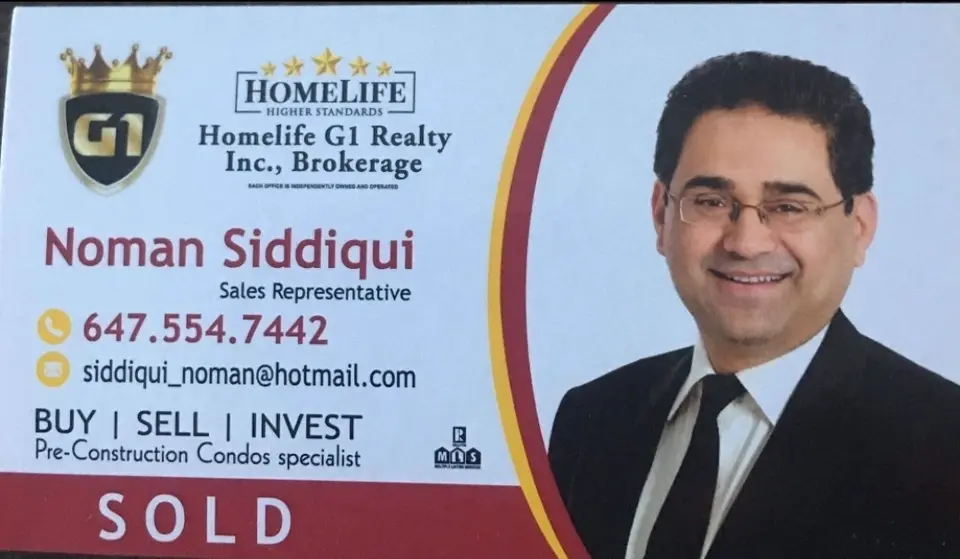 Noman Siddiqui business card: BUY, SELL,INVEST Pre- construction Condo Specialist HomeLife G1 Realty Inc Brokerage