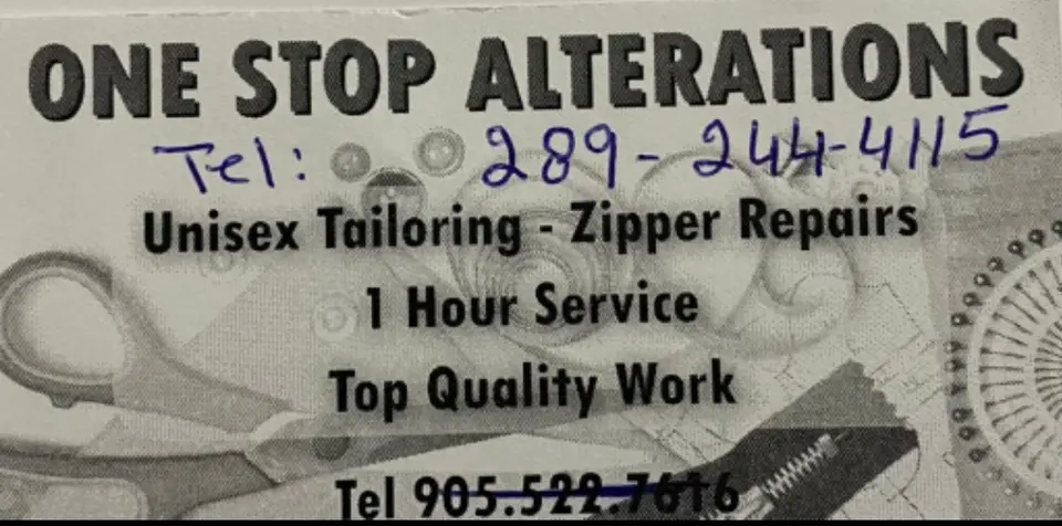 One Stop Alterations business card: Unisex Tailoring- Zipper Repair