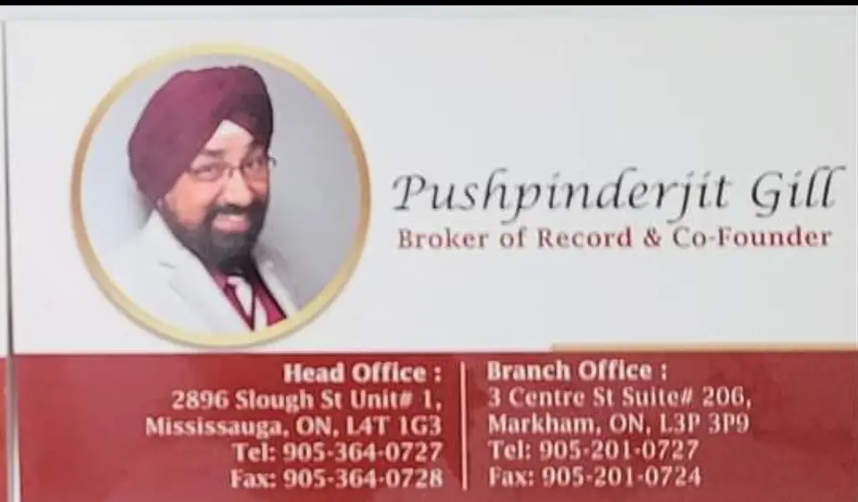 PUSHPINDAR JITT Gill business card: MARKHAM Off:3 center Street Markham ON, L3P 3P9