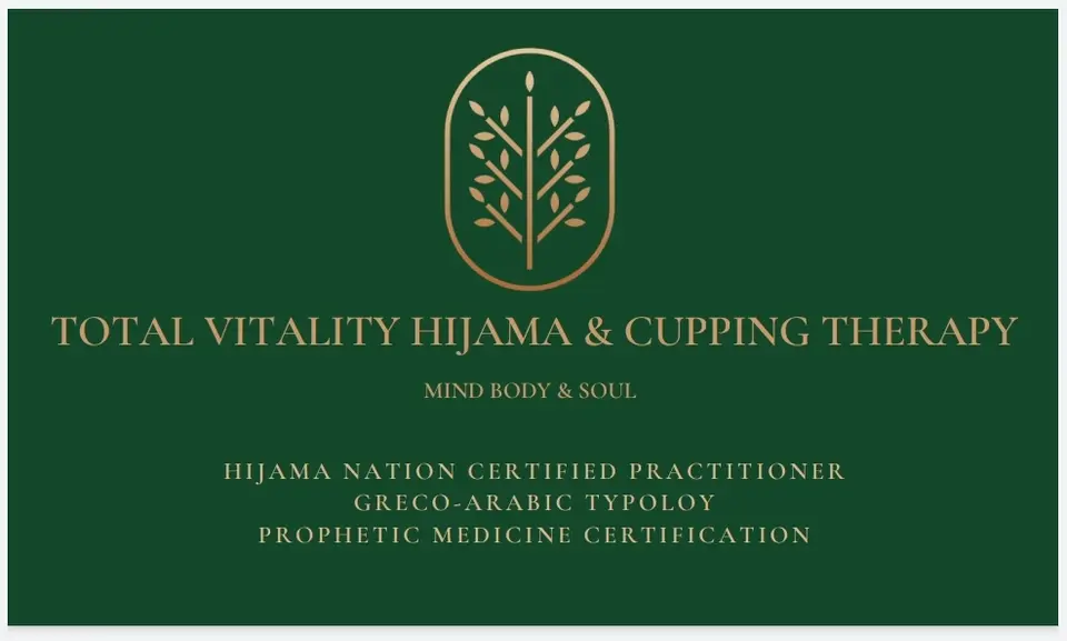 Total Vitality Clinic (hijama) business card: Mind,Body and Soul Hijamma Nation certified Practitioner