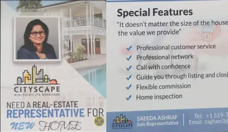 Saeeda Ashraf business card: Professional Customer Services Professional network Call with Confidence Flexible Commission Home Inspection
