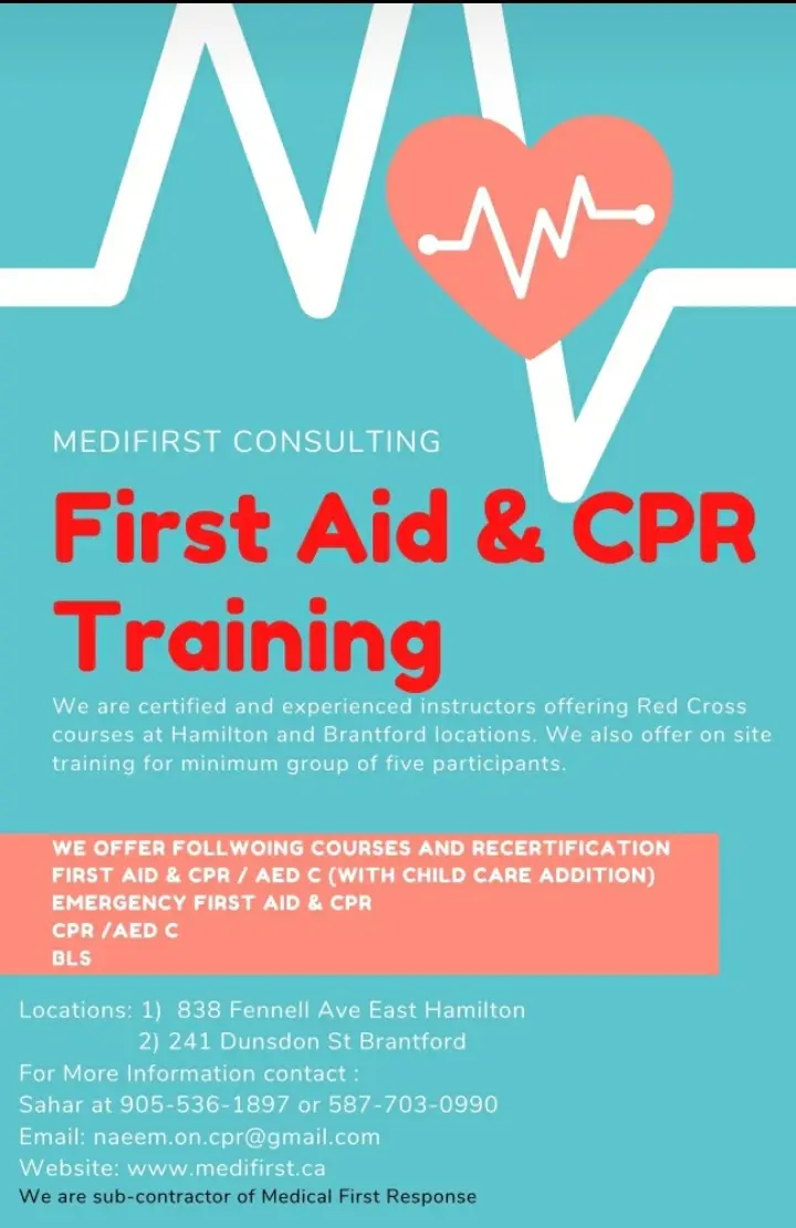 Sahar business card: Certified First Aid and CPR Training Offering Red Cross Courses in Hamilton and Brantford