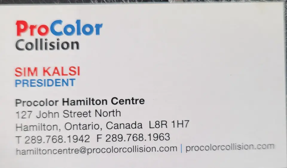ProColor Collision (Hamilton) business card: President Automotive Body Shop