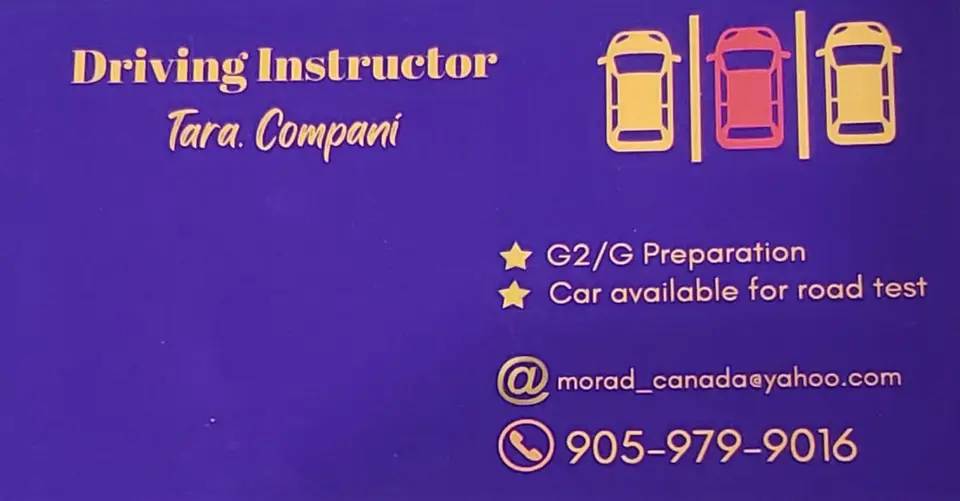 Tara. Compani business card: Driving Instructor G2/G Preparation Car available for road test
