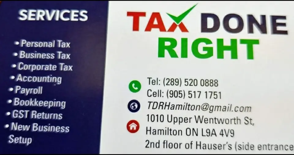 Tax Done Right business card: Accounting & Financial Personal Tax